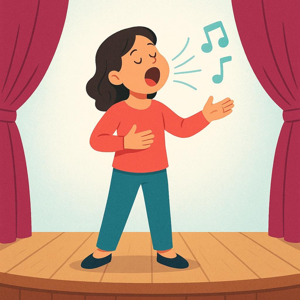 Uma ilustração simples, colorida e de alta qualidade de um livro infantil mostrando uma pessoa em pé com a boca aberta, cantando ou gritando em uníssono, talvez com notas musicais flutuando por perto.