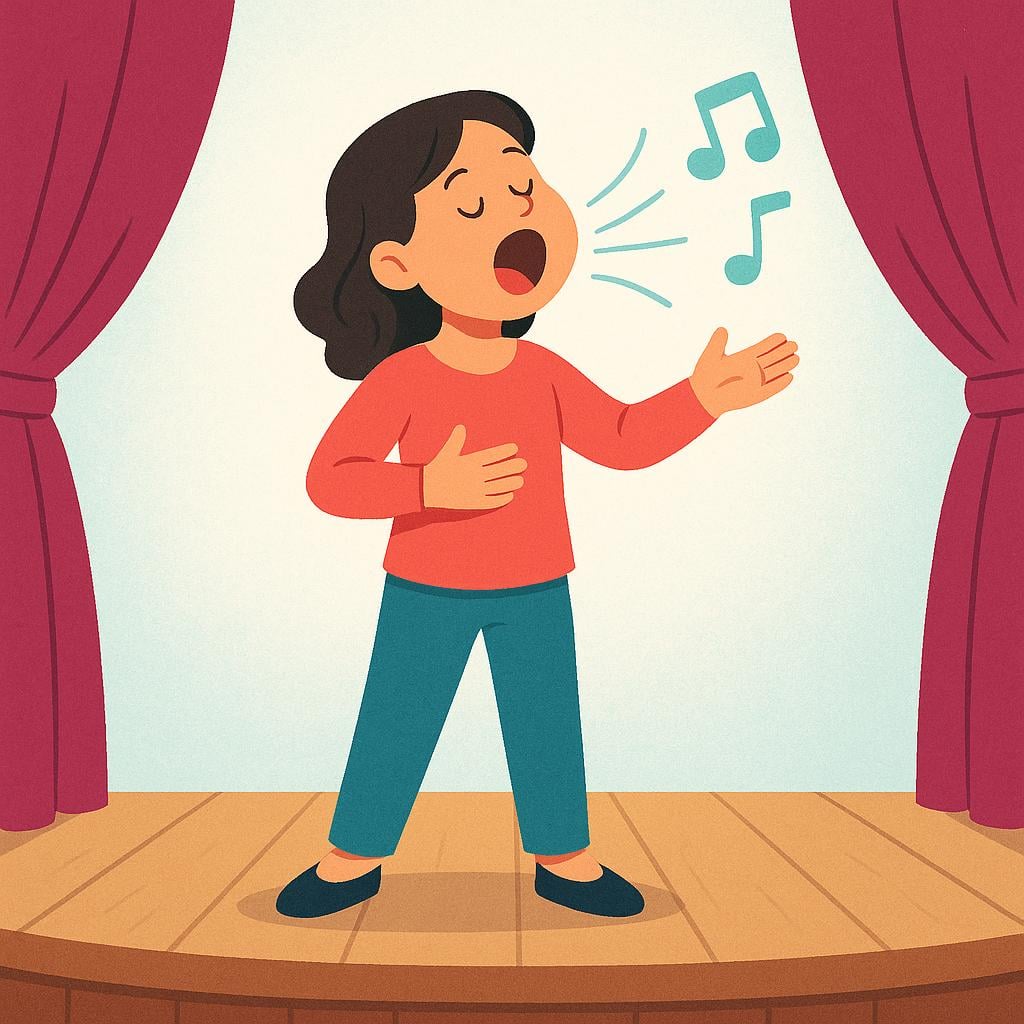 A high quality simple colorful storybook illustration showing a person standing with their mouth open, singing or chanting loudly, perhaps with musical notes floating nearby.
