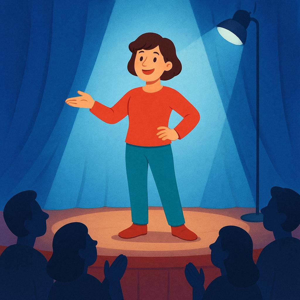 A brightly lit, smiling person standing confidently on a small stage, symbolizing good reputation, being viewed positively by several shadowy figures in the dark audience.