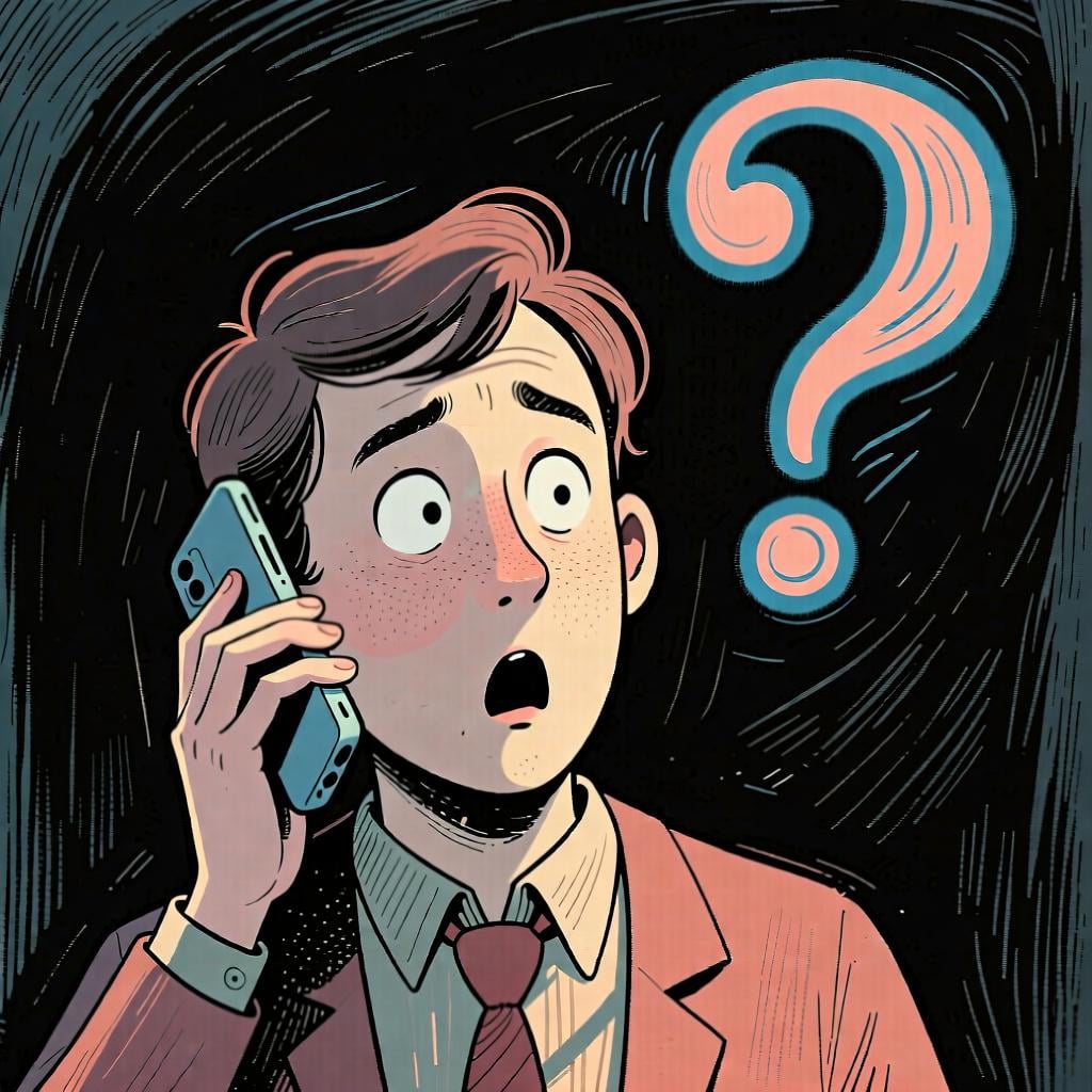 A person on the phone looking surprised and confused, as if they just heard something unbelievable.