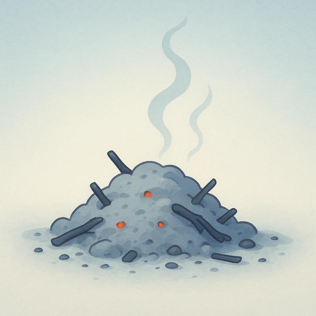 A small, nearly extinguished campfire with only faint red embers glowing among a pile of gray ashes, indicating the wood has been consumed.