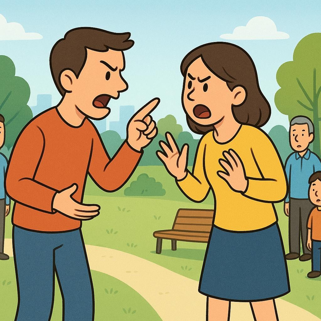 Two simplified people arguing loudly in a public park, drawing shocked attention from two nearby onlookers.