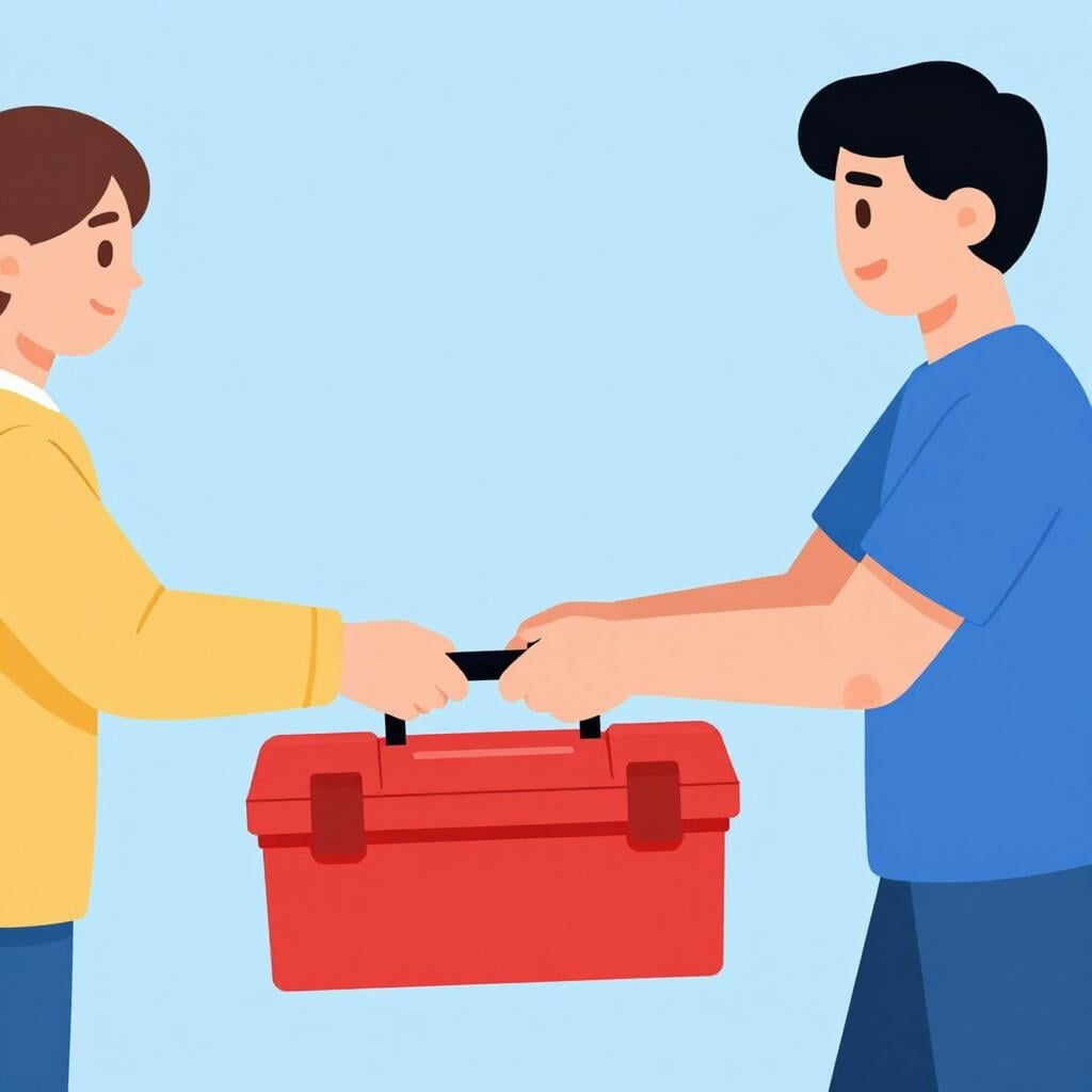 A friendly person handing a toolbox to a worker to help them complete a task.