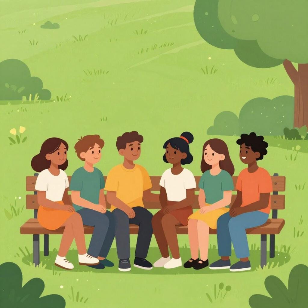 公園のベンチに座って、笑いながら話している友人たちのグループ。