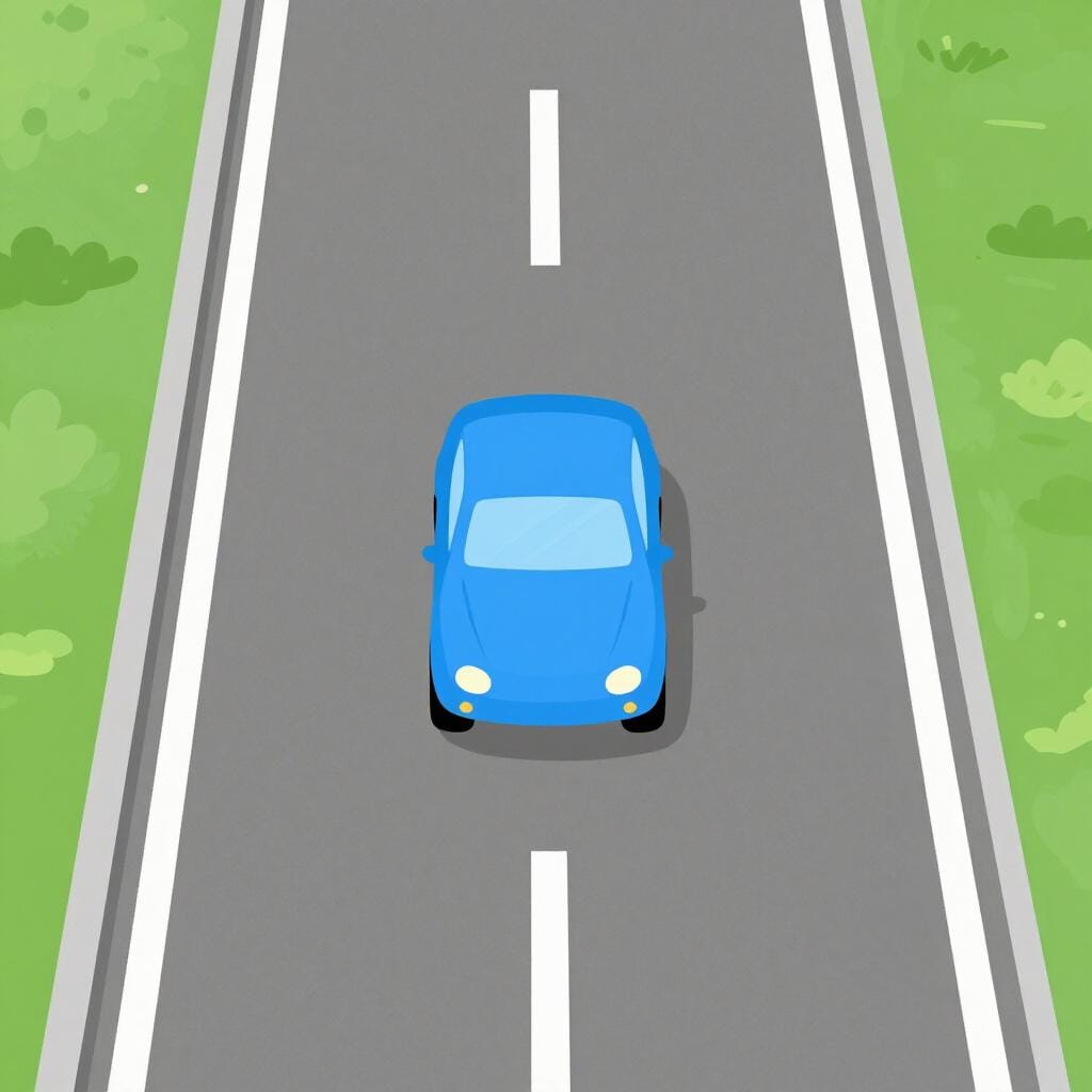 Uma autoestrada com uma única faixa claramente marcada por uma linha branca, com um pequeno carro a circular nela.