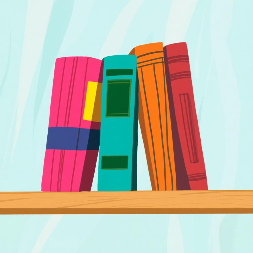 A stack of four distinct, brightly colored books standing upright on a shelf.