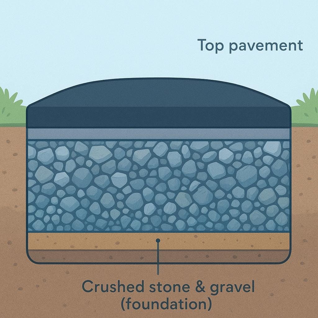A simple cross-section view illustrating the layers of a road, emphasizing the thick, foundational layer made of crushed stone and gravel.