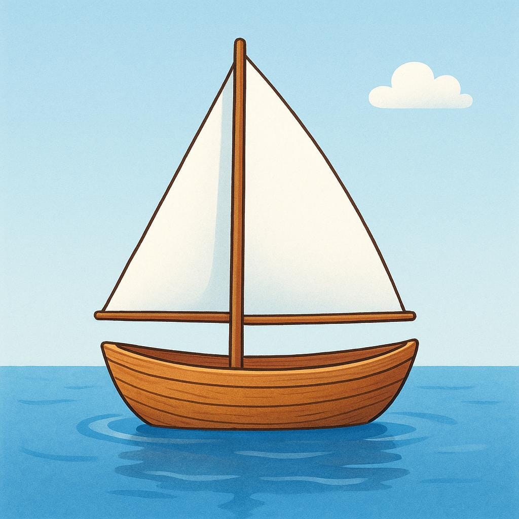 A simple wooden sailboat featuring a large, inflated white triangular sail catching the wind on blue water.