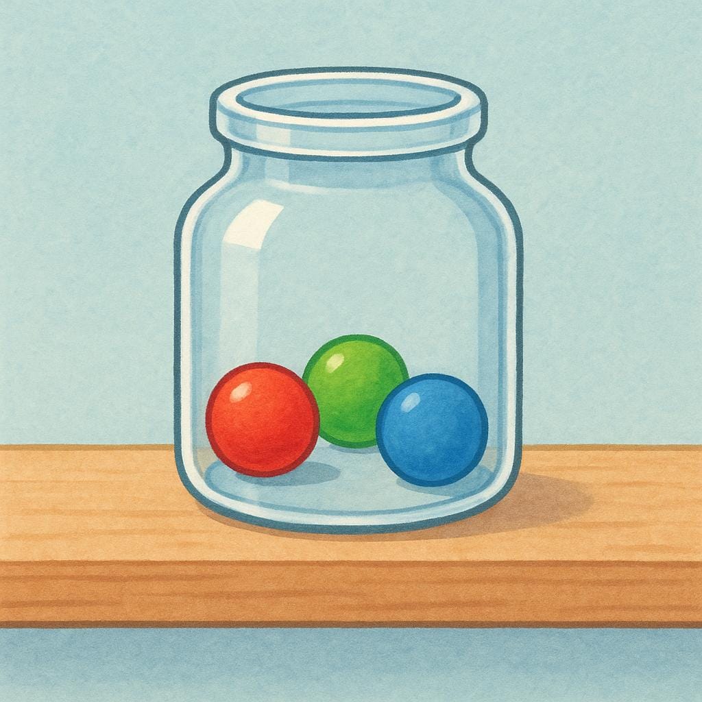 A storybook illustration of a small, clear glass jar containing only three colorful candies, representing a limited sample or trial version.