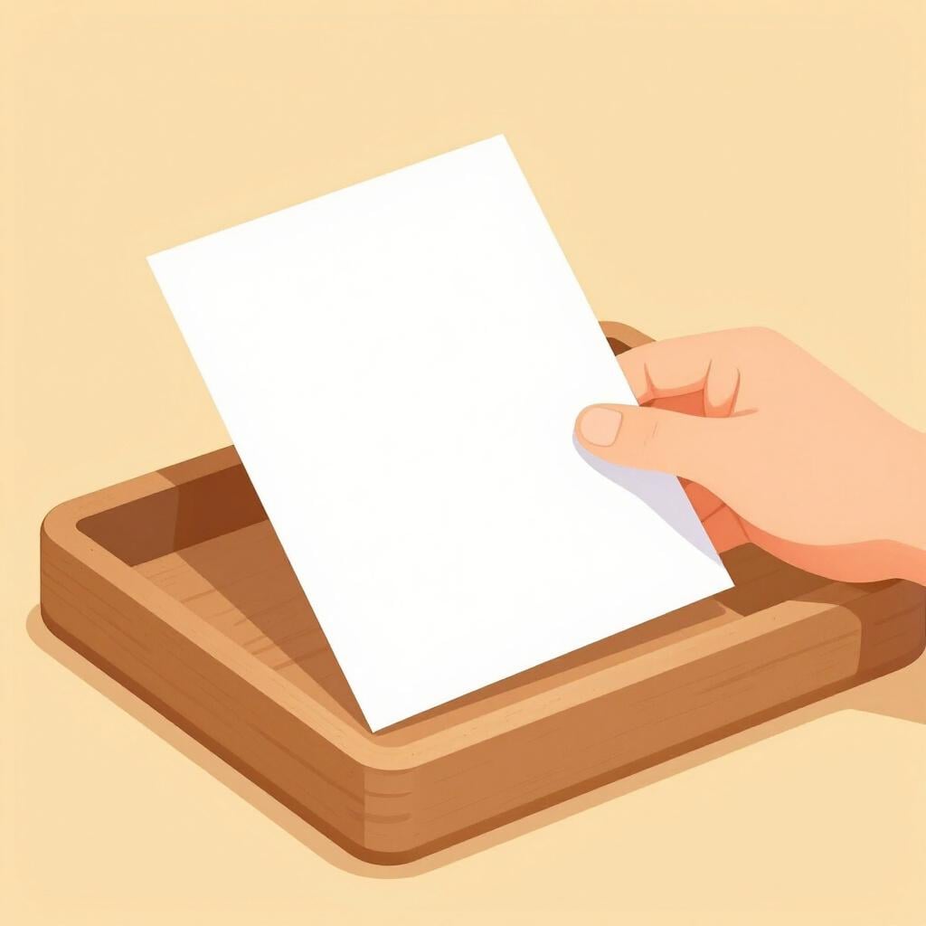 A hand placing a formal paper into a wooden inbox tray on a clean desk.