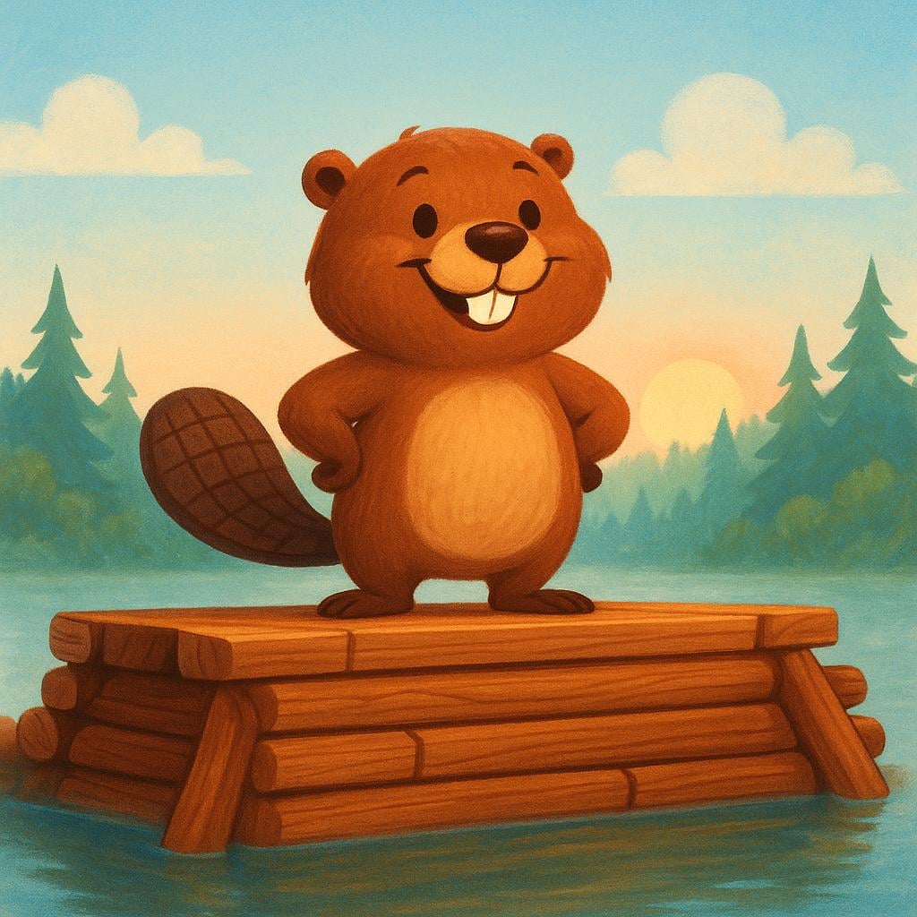 A smiling beaver stands on a finished dam at sunrise, representing work completed ahead of schedule.