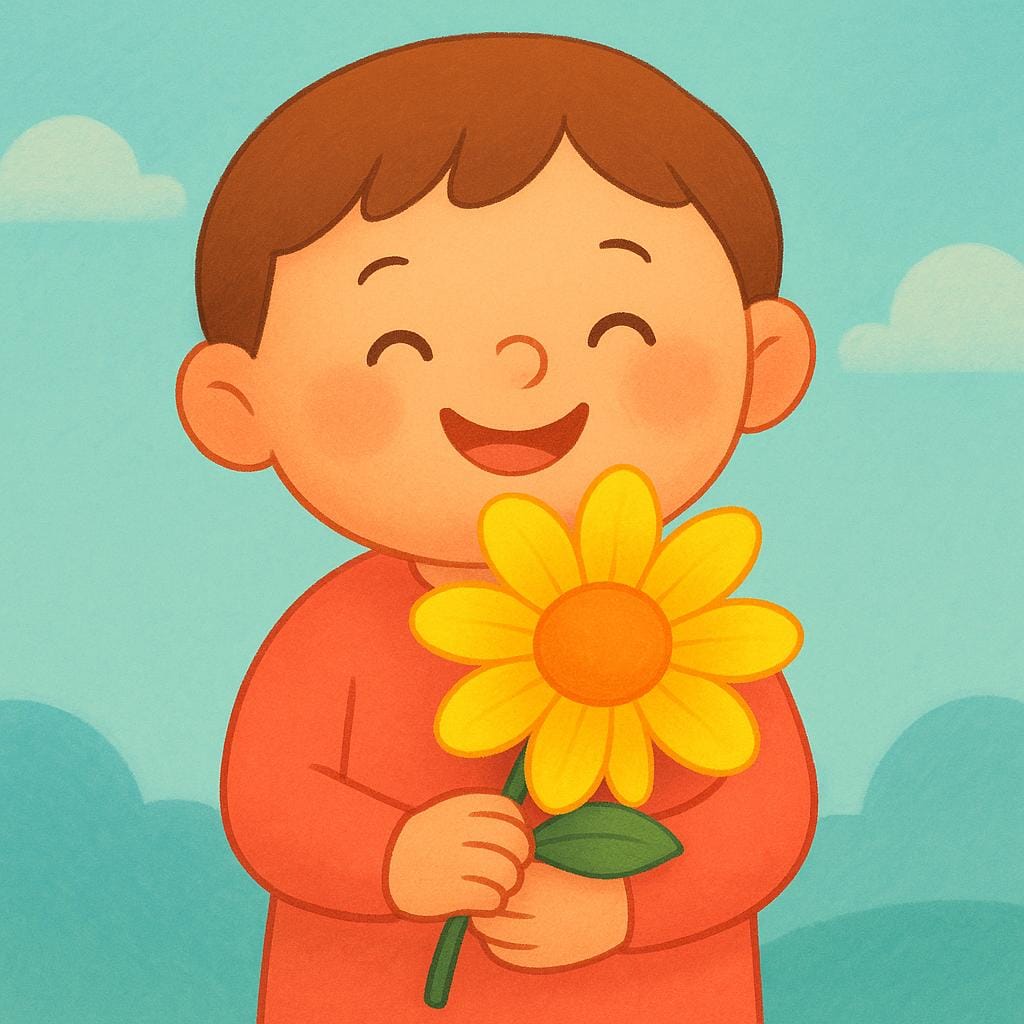 A brightly colored simple illustration of a stylized human figure with a glowing heart symbolizing happiness.