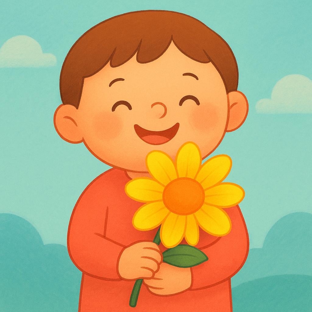 A brightly colored simple illustration of a stylized human figure with a glowing heart symbolizing happiness.