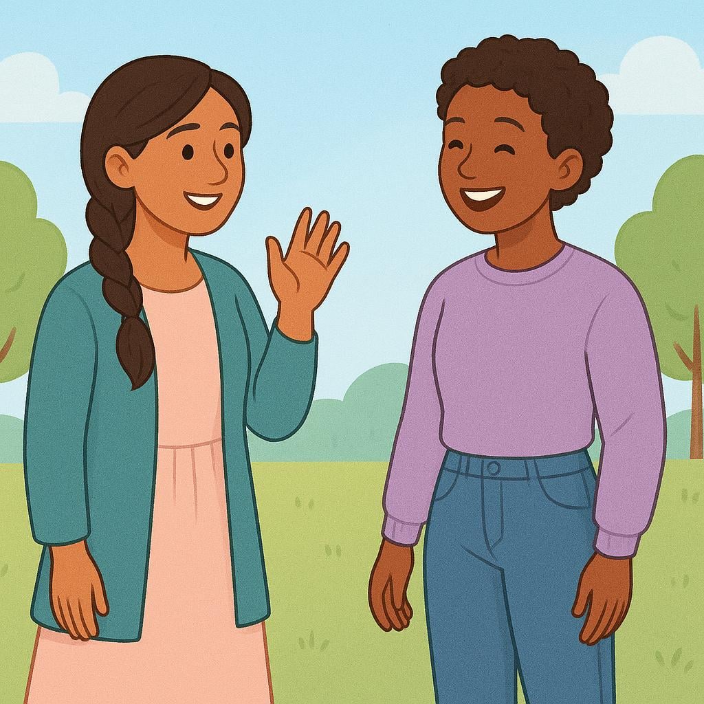 Two young women standing casually on a city street, laughing and greeting each other informally.