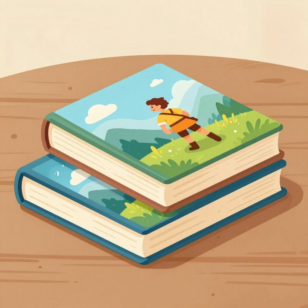 Ein Stapel von zwei bunten Büchern, wobei das zweite Buch etwas größer ist und eine Fortsetzung des Cover-Designs des ersten Buches zeigt.