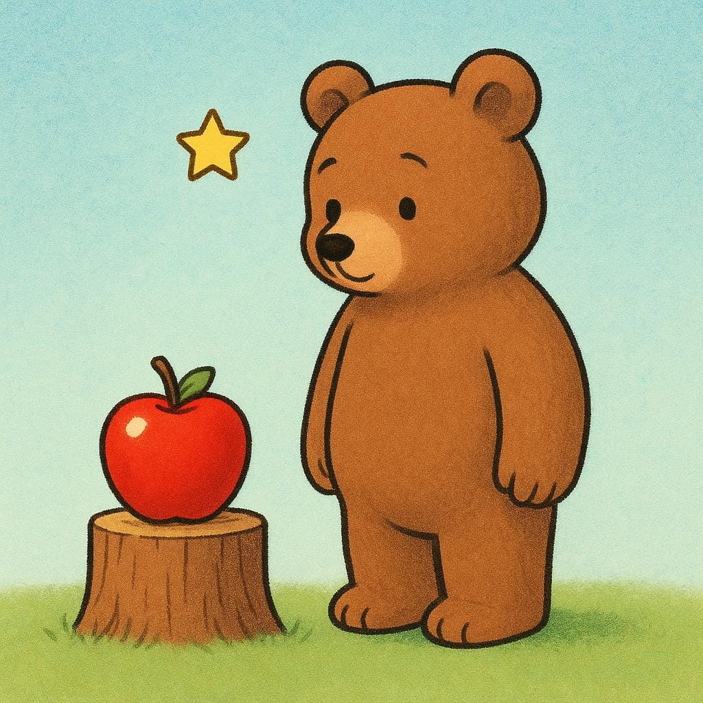 Um personagem urso amigável olhando para uma maçã vermelho vivo, com uma estrela dourada flutuando acima de sua cabeça simbolizando uma opinião ou julgamento pessoal positivo.