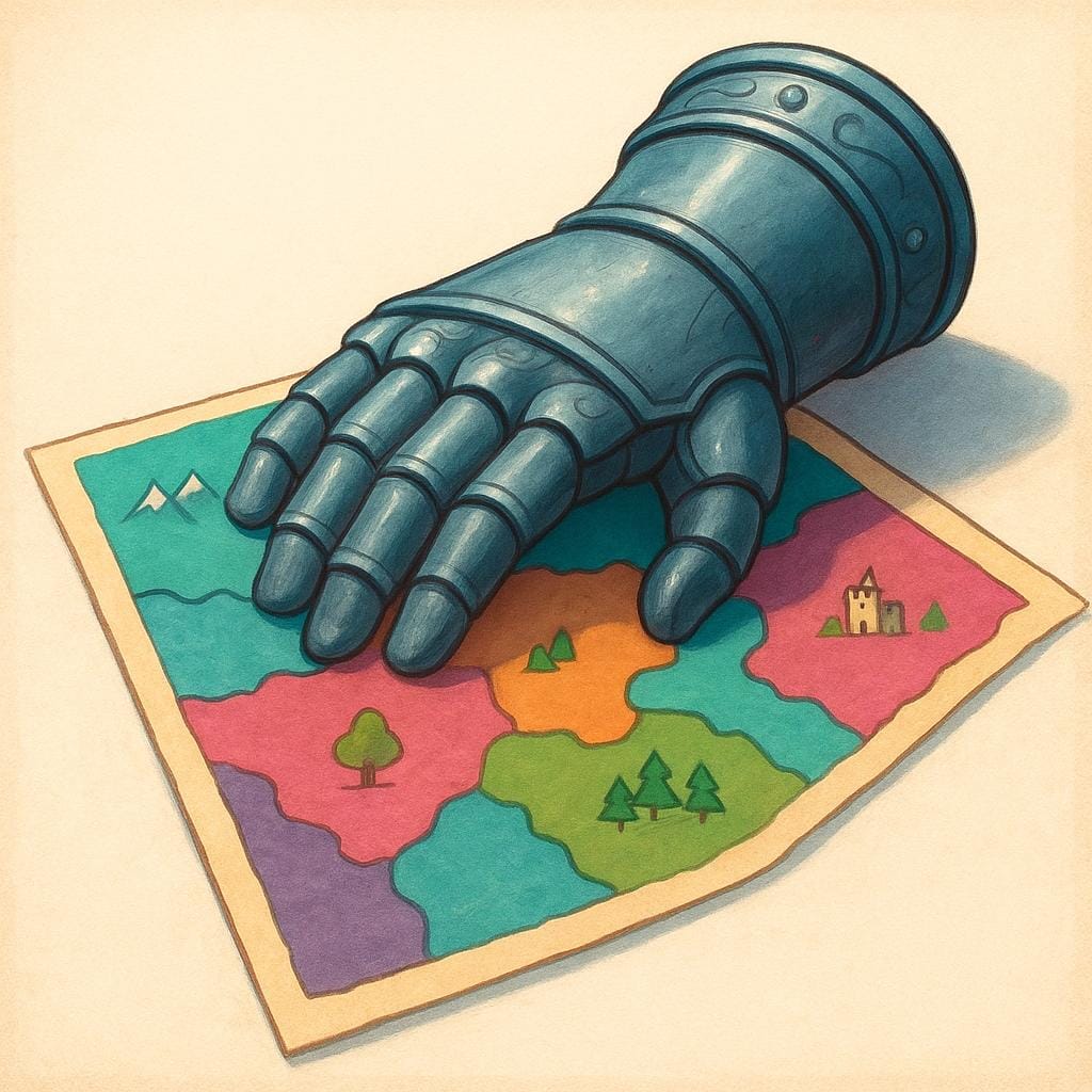 An image showing a colossal, stylized, armored gauntlet resting its palm gently but firmly on top of a simplified, colorful map of a large territory, illustrating absolute control.