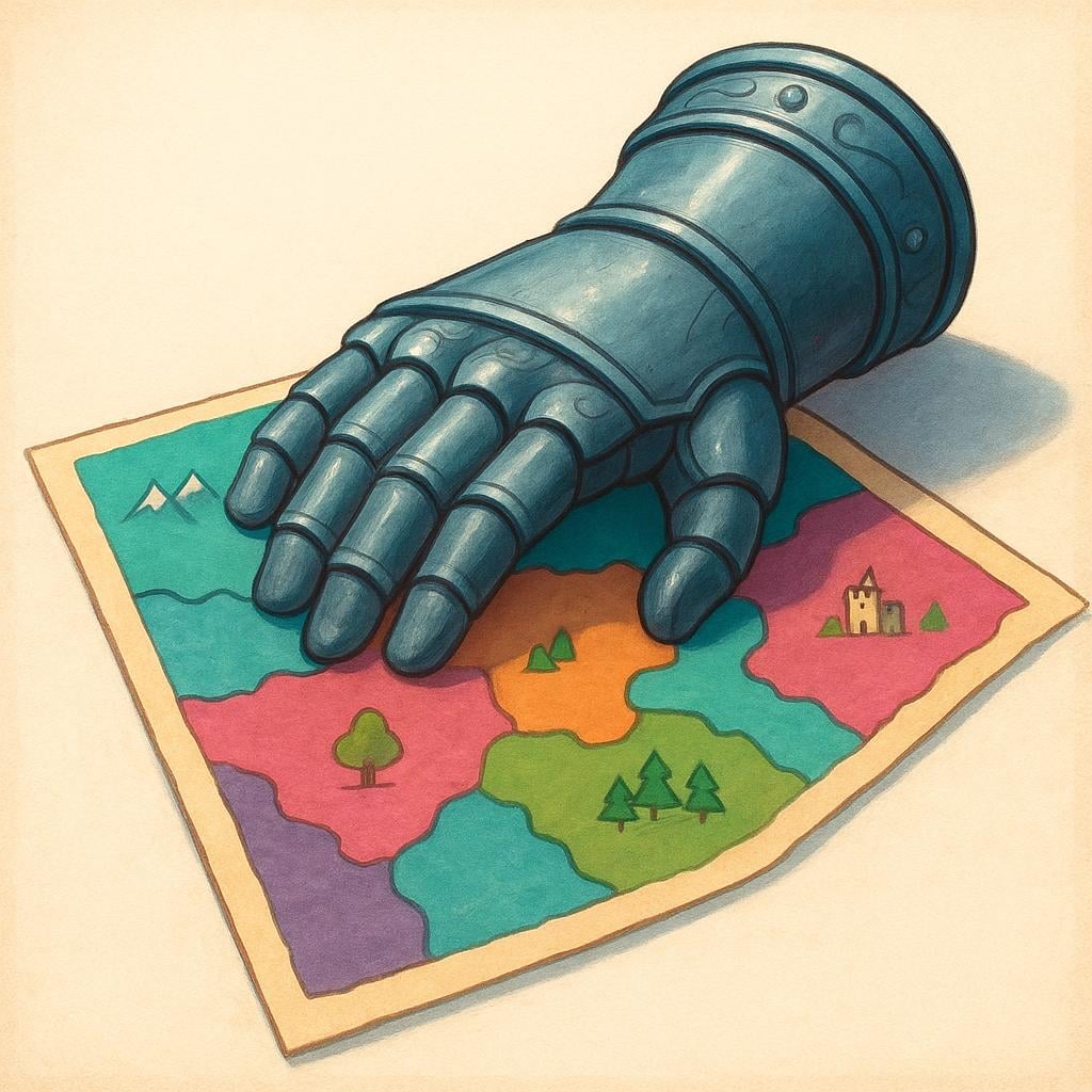 An image showing a colossal, stylized, armored gauntlet resting its palm gently but firmly on top of a simplified, colorful map of a large territory, illustrating absolute control.