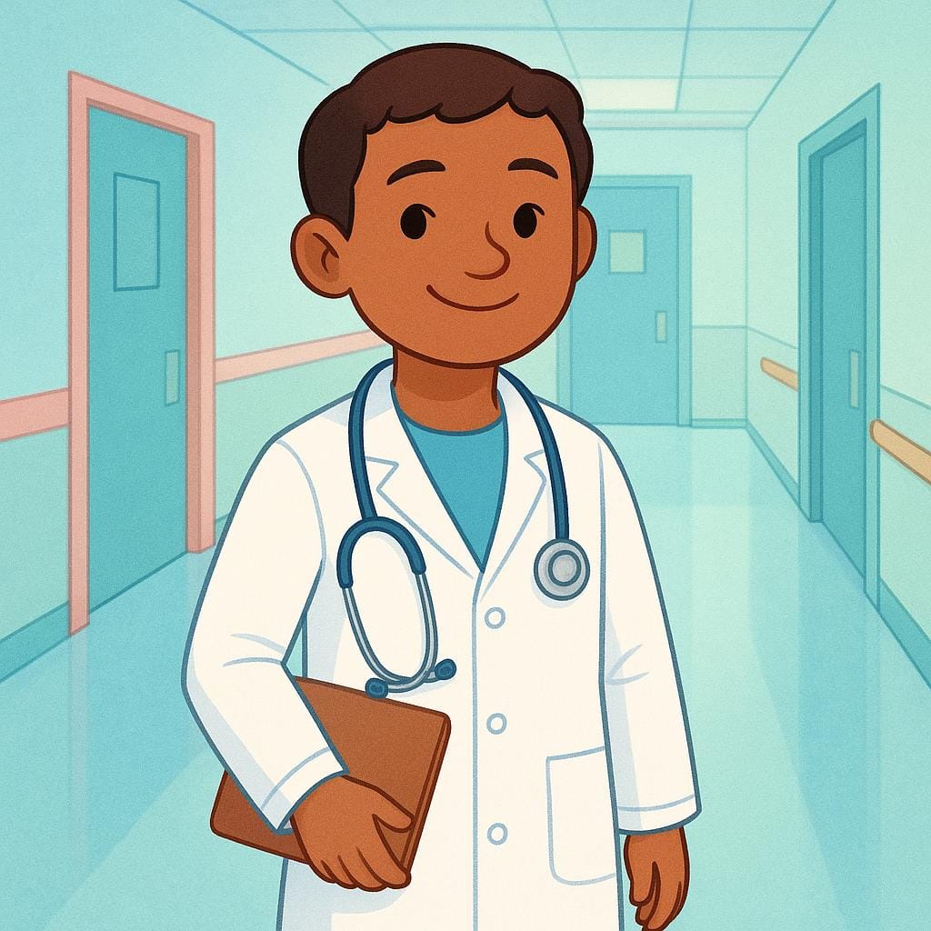 Uma jovem médica com jaleco branco e estetoscópio em um corredor de hospital iluminado.