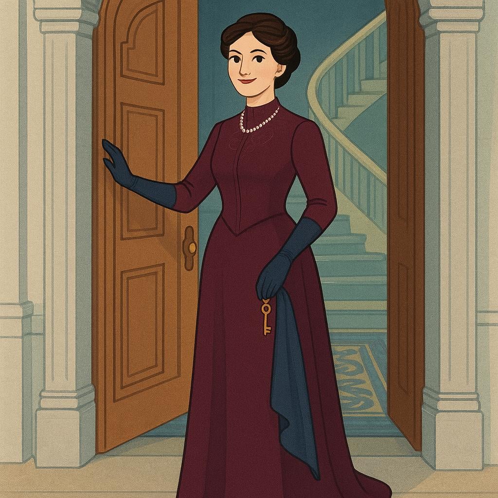 A formally dressed woman standing confidently in the grand doorway of an elegant, historical mansion, representing the lady of the house.