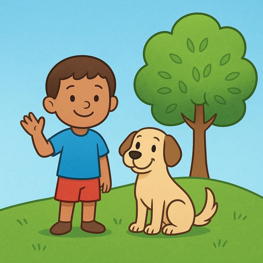 A high quality storybook illustration showing three diverse living entities: a young child, a small dog, and a vibrant green tree, standing together on a grassy hill under a bright sky.