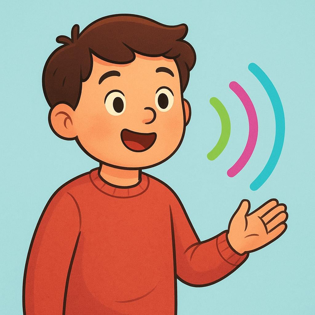 A friendly, smiling storybook character shown from the waist up, with three colorful, curved lines representing sound waves visibly emanating from their open mouth, signifying the action of speaking.