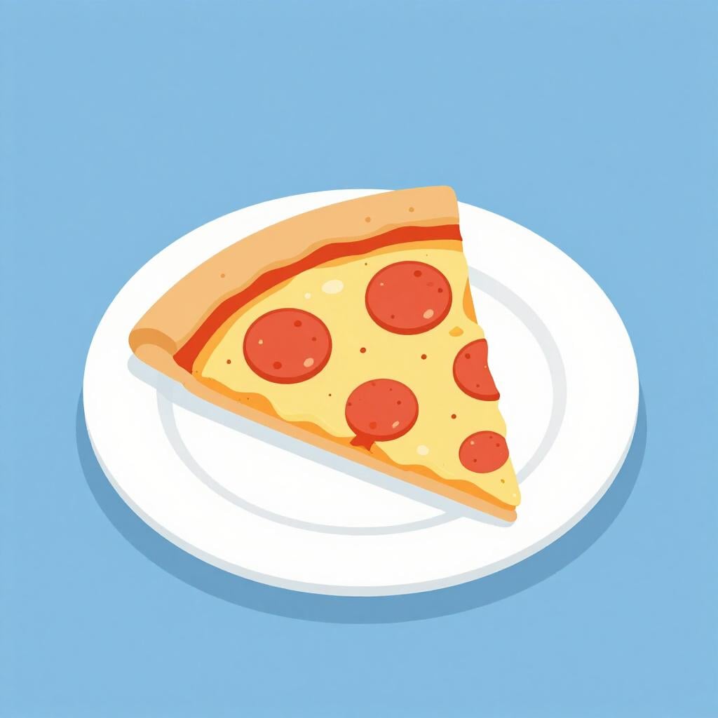 Ein einzelnes Stück Peperoni-Pizza auf einem schlichten weißen Teller.