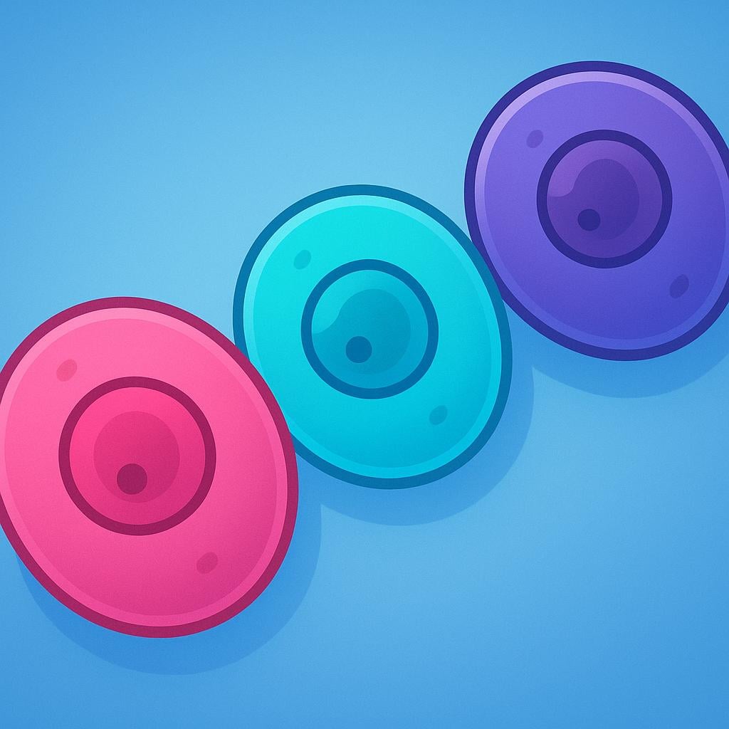 An illustration showing three large, brightly colored biological cells (one red, one green, one yellow) with distinct nuclei, viewed against a smooth blue background, representing basic biological units.