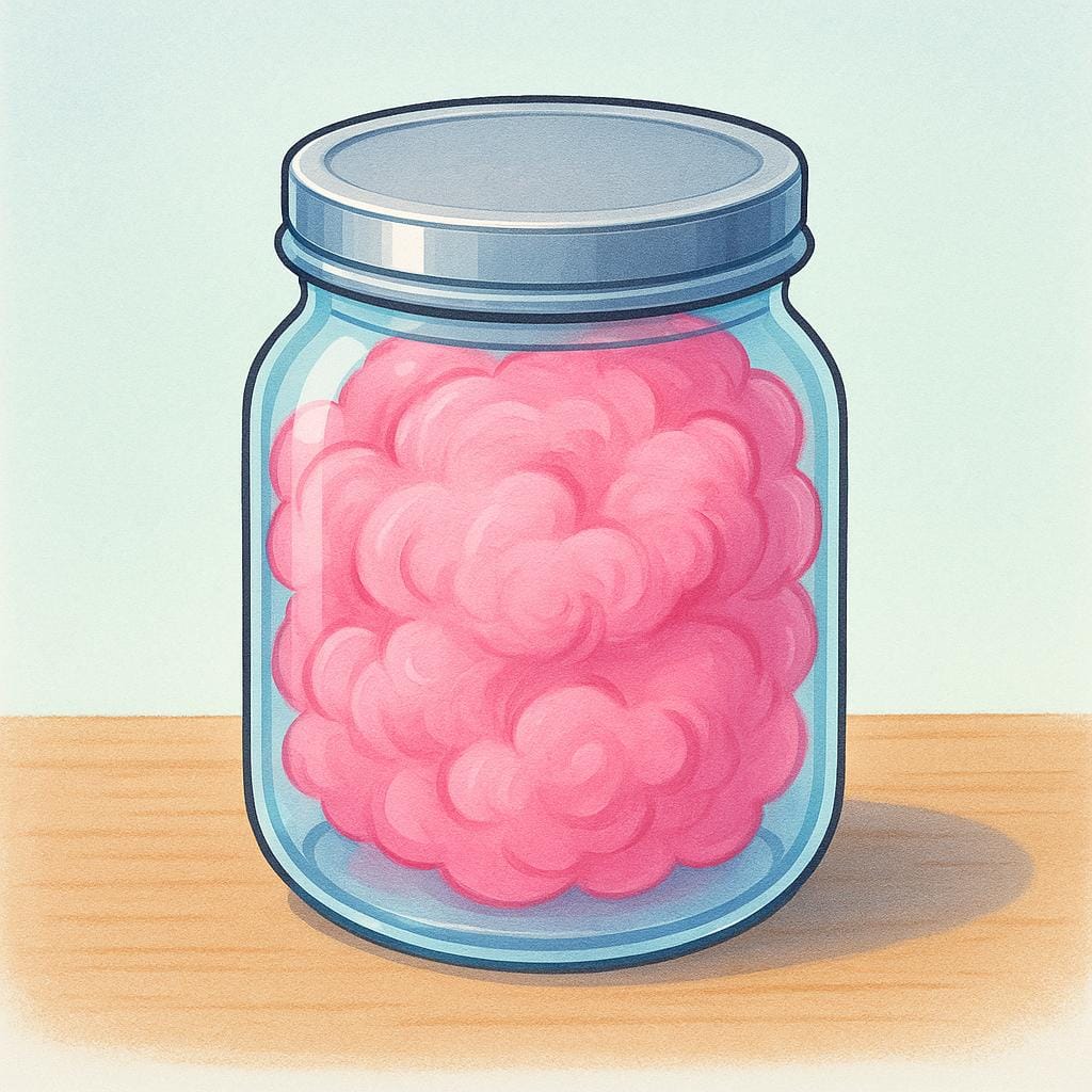 A sturdy, transparent glass jar sitting on a table. The jar is tightly sealed with a lid and holds a swirling mass of pink, fluffy material inside.