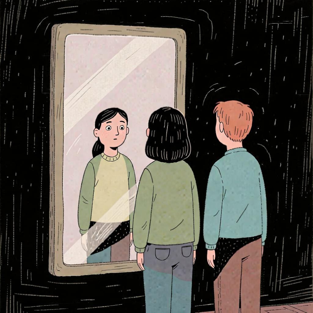 二人組の人が大きな鏡に映った自分たちの姿を見ている様子。「私たち自身に」行為が行われていることを表しています。