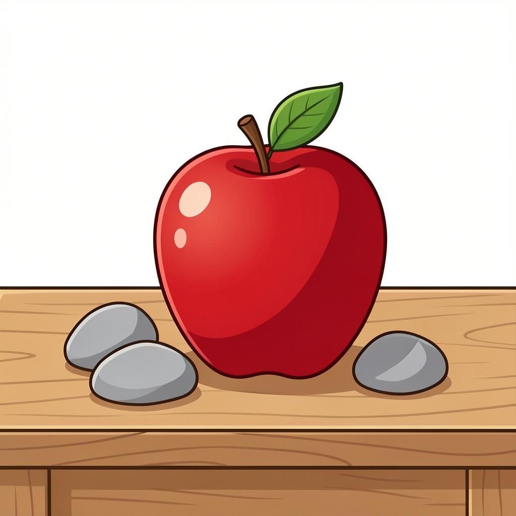 A bright, juicy red apple standing out among several dull grey rocks.