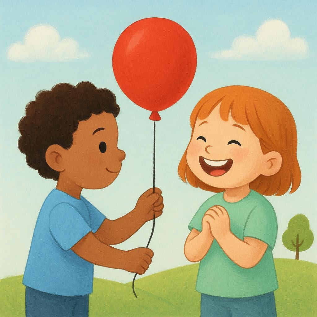 A small child hands a bright red balloon to another child, who immediately smiles widely with joy and surprise.