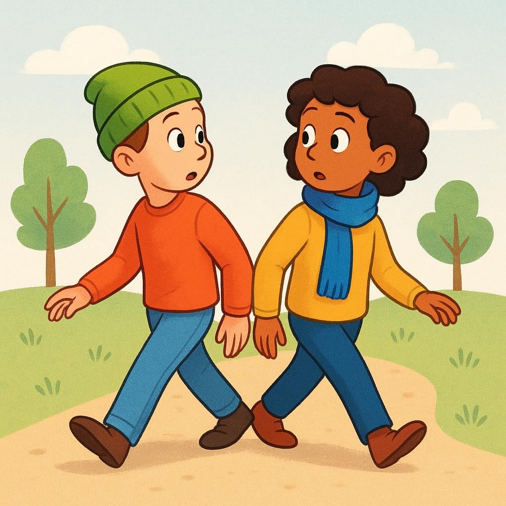A high-quality simple colorful storybook illustration showing two distinct characters, one wearing a green hat and the other a blue scarf, looking surprised as they unexpectedly bump shoulders while walking on a path, symbolizing a coincidence.
