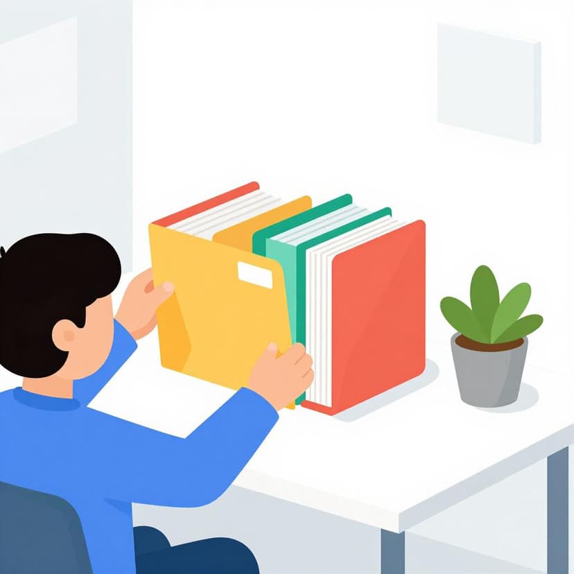 A person organizing various folders and a small plant on a tidy desk.