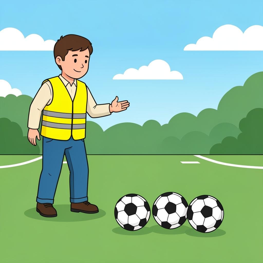 Une personne portant un gilet jaune vif tenant la main levée pour arrêter un groupe de ballons de football qui roulent.