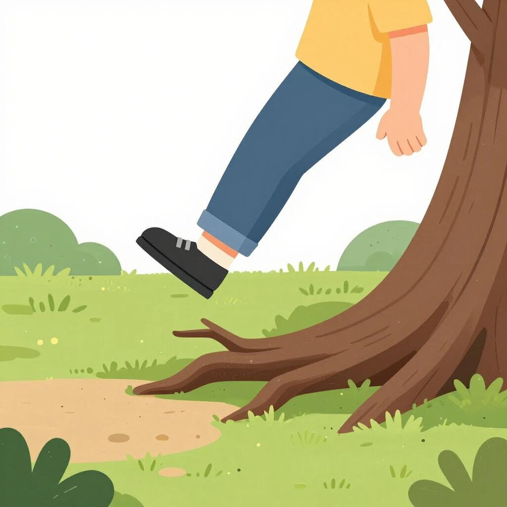 Un bambino in un parco che inciampa accidentalmente su una radice d'albero mentre cammina.