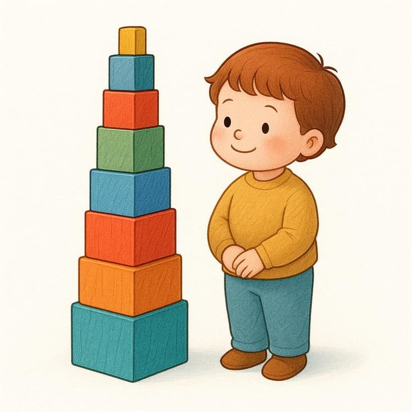 A storybook illustration of a child proudly standing next to a very tall, perfectly constructed tower built entirely of colorful wooden blocks, symbolizing a completed past action.