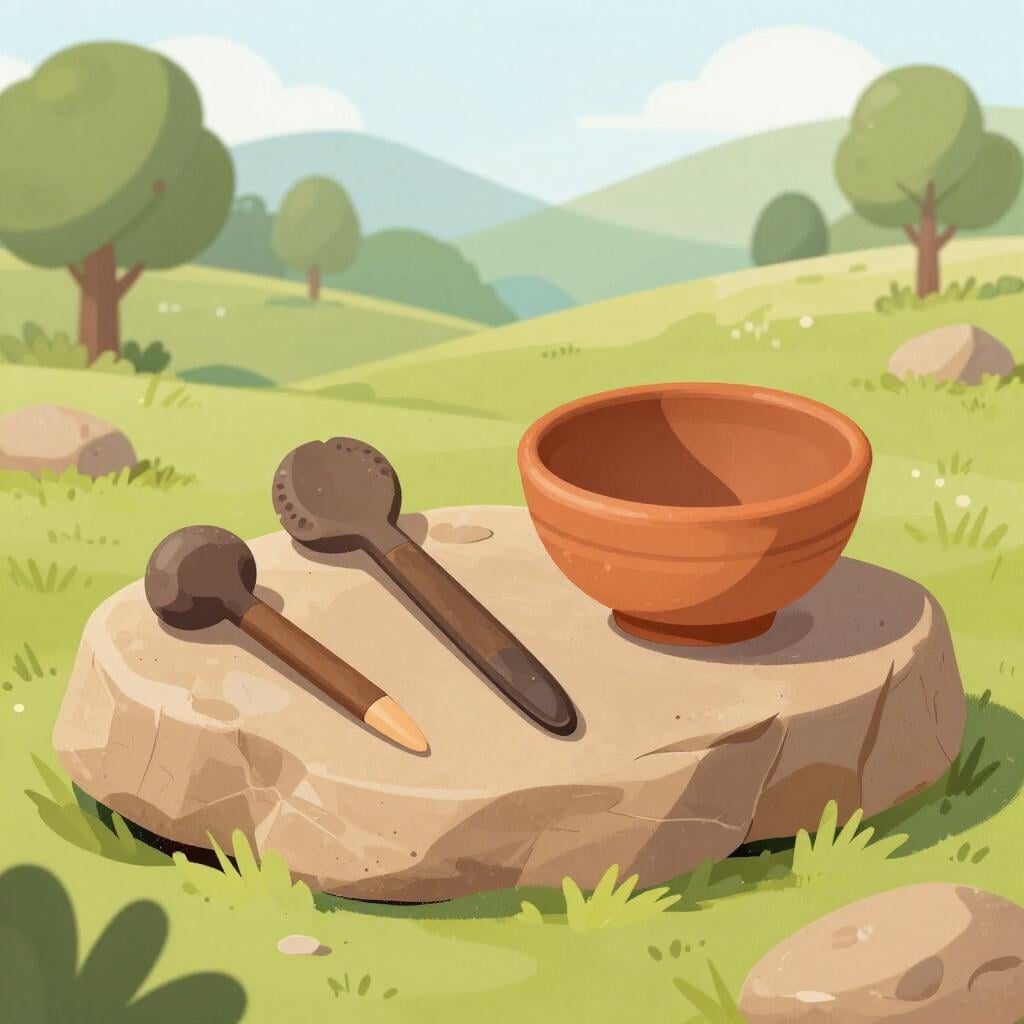 平らな岩の上に並べられた原始的な石器とシンプルな粘土のボウル。初期の人類の歴史を表しています。