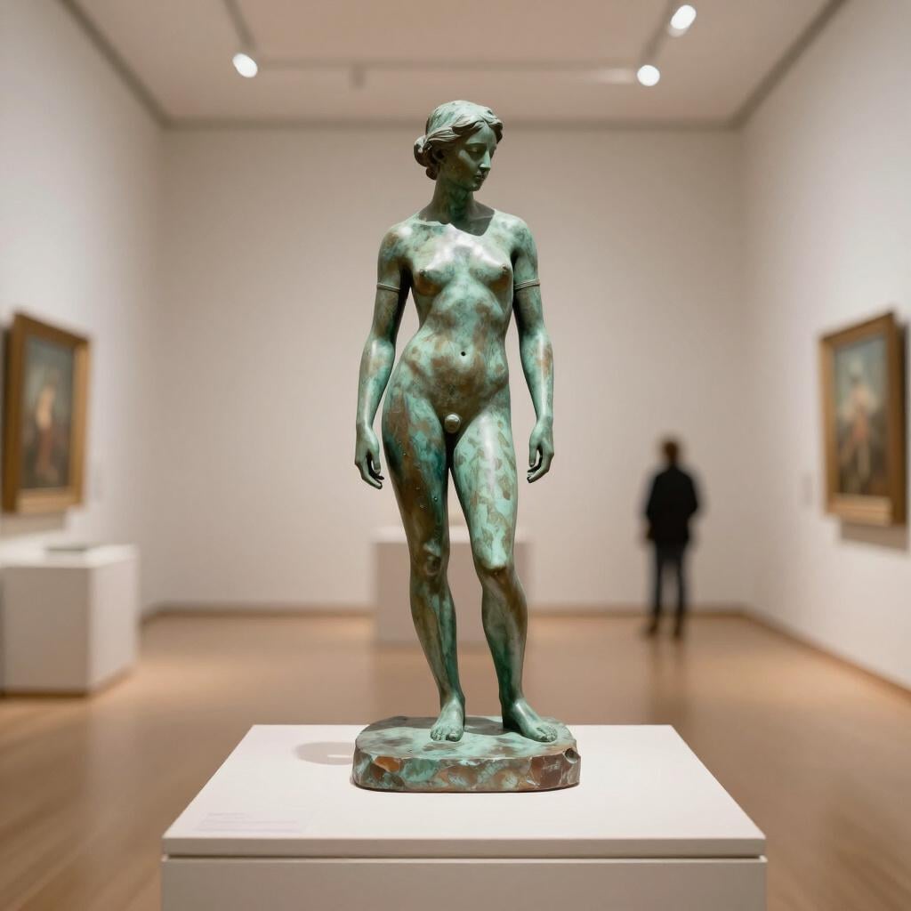 Eine farbenfrohe Bilderbuchillustration, die eine klassische Bronzeskulptur einer nackten Figur auf einem Museums-Sockel darstellt.