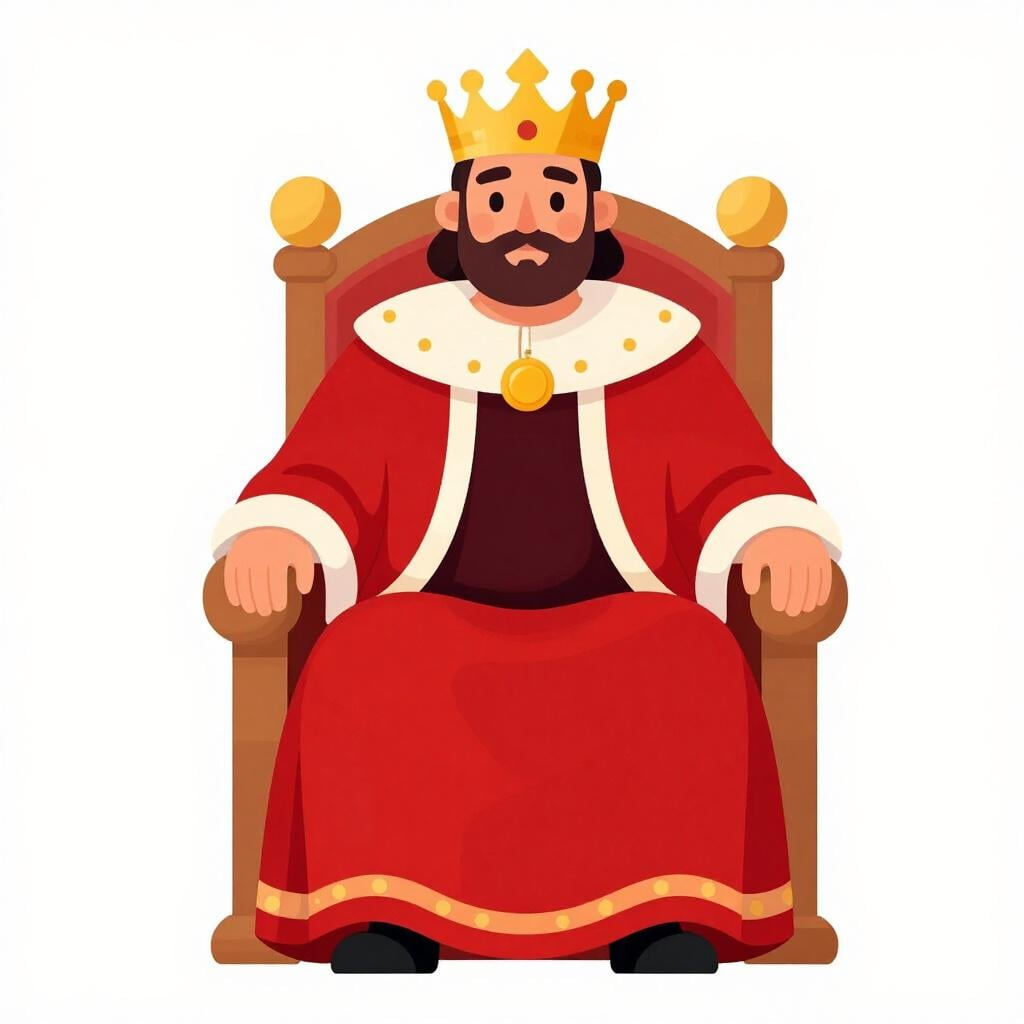 Een koning met een gouden kroon en een rode fluwelen mantel, zittend op een stenen troon.