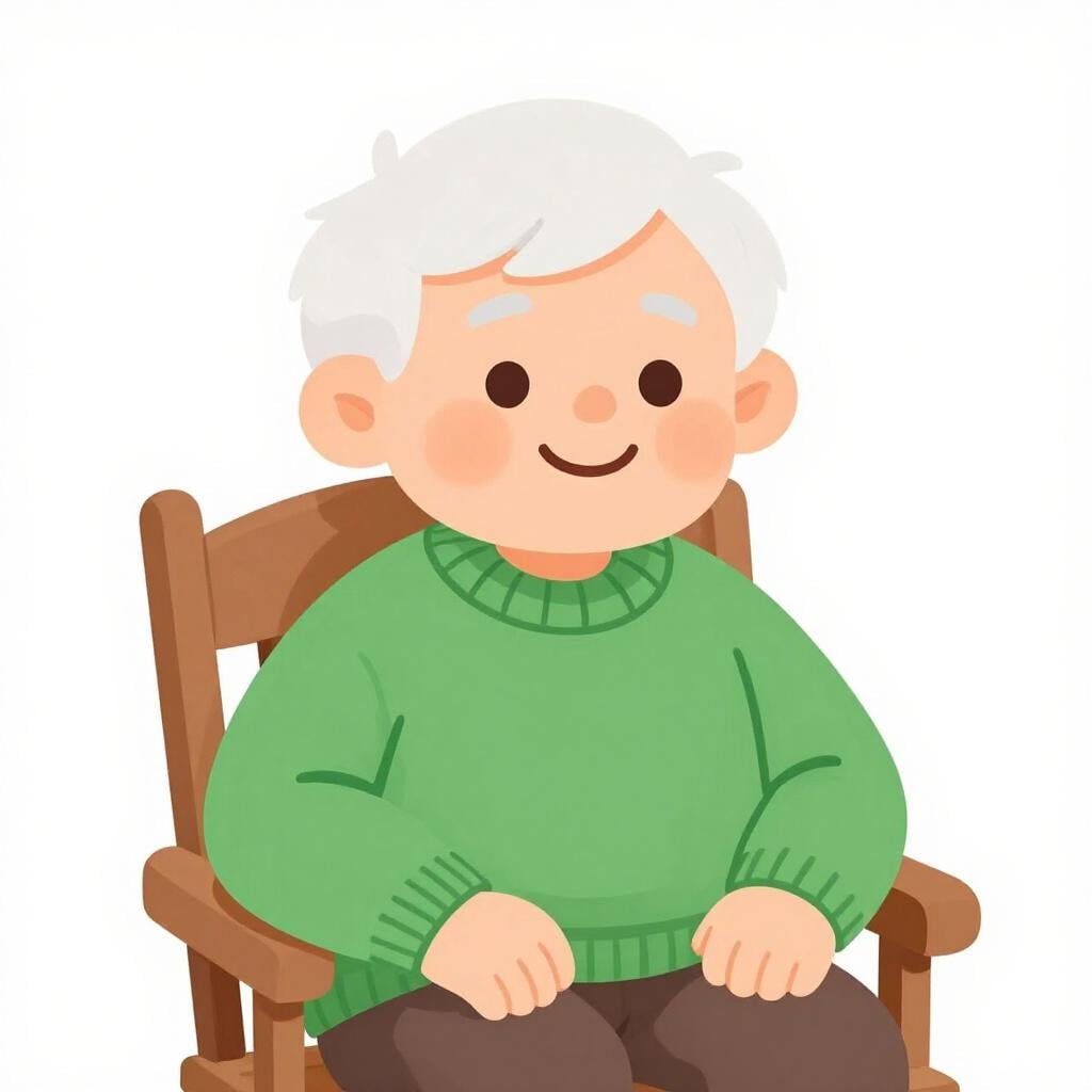 An elderly person with grey hair and a gentle smile, sitting comfortably in a wooden chair.