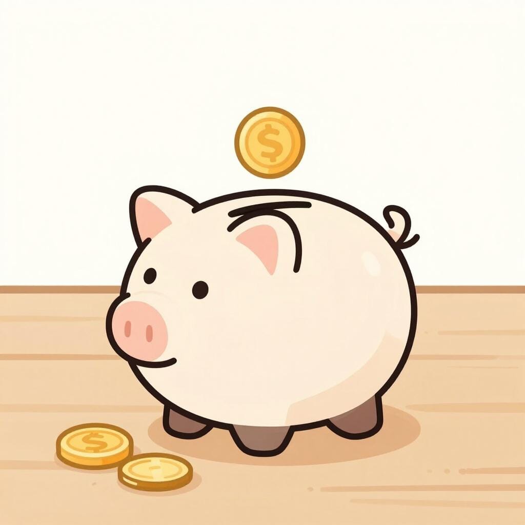 Eine bunte Spardose, die geöffnet wird und mehrere Goldmünzen auf einen Holztisch fallen lässt.