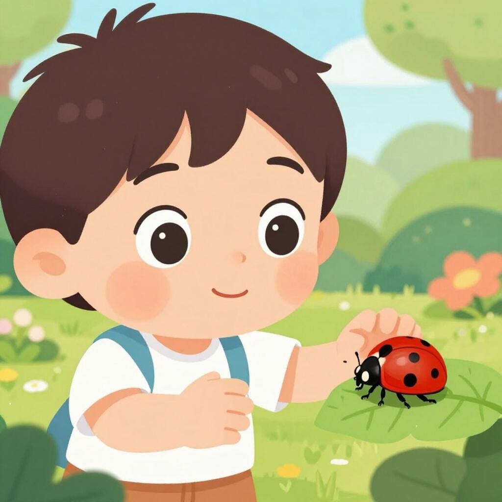 A wide-eyed child in a colorful garden reaching out to touch a bright red ladybug with a look of pure wonder and trust.