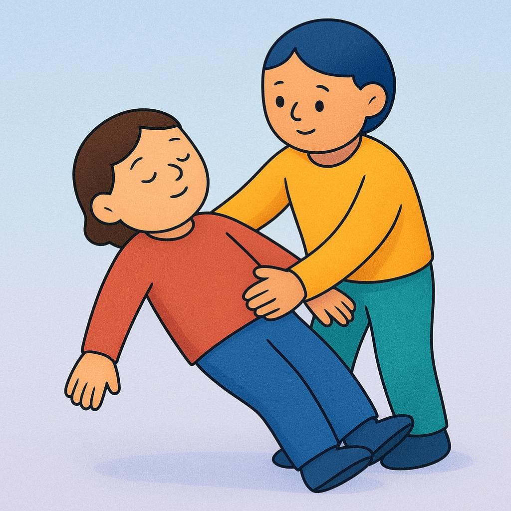 A simple storybook illustration showing one stylized figure falling backward confidently with eyes closed, while a second figure stands behind them, catching them firmly with outstretched arms.
