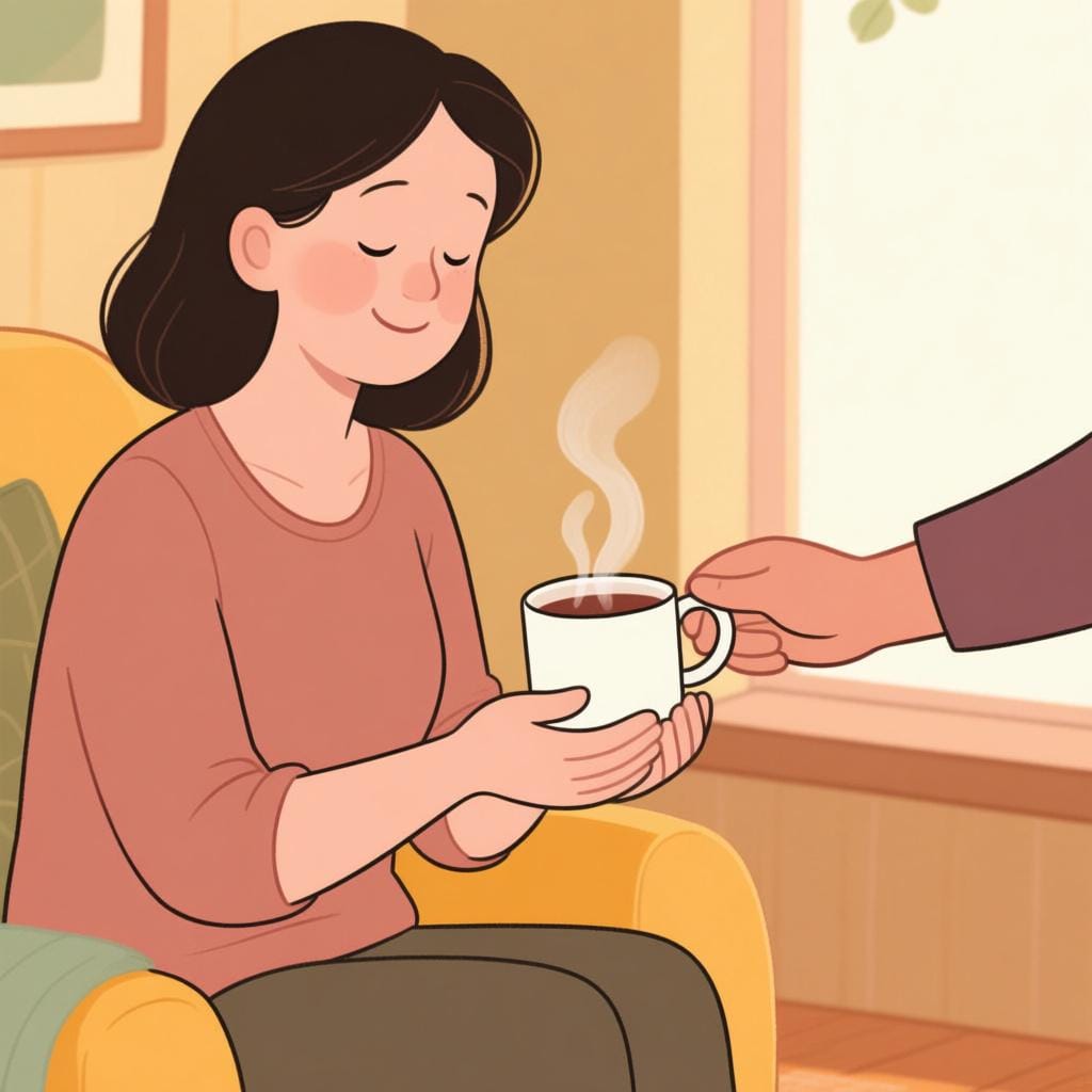 Ilustracja przedstawiająca chwilę troski: dorosła dłoń delikatnie podaje parujący kubek innej dorosłej kobiecie siedzącej wygodnie.