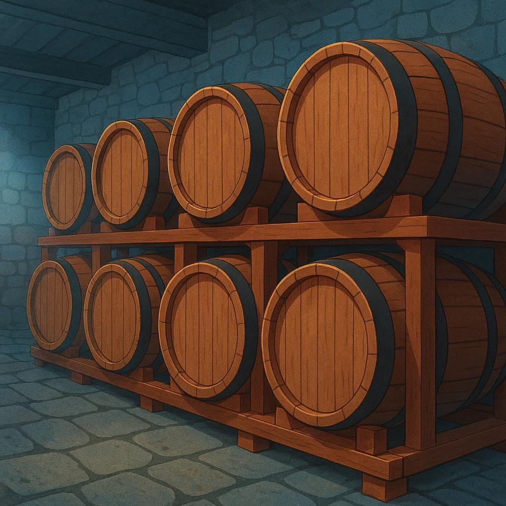 A cool, dark interior of a wine cellar showing rows of large wooden barrels stacked high, used for aging wine.