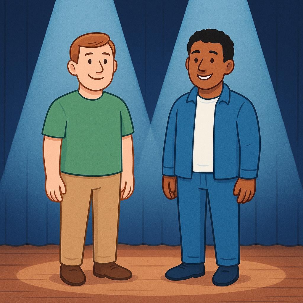 Two smiling men standing on a low stage, illuminated by two bright spotlights shining down from above, signifying they are famous.