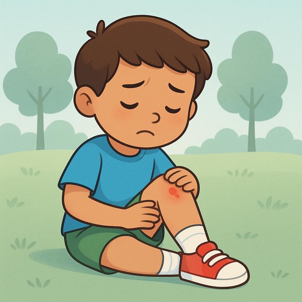 A small child sitting down and holding their knee, which has a small scrape and is causing them discomfort.