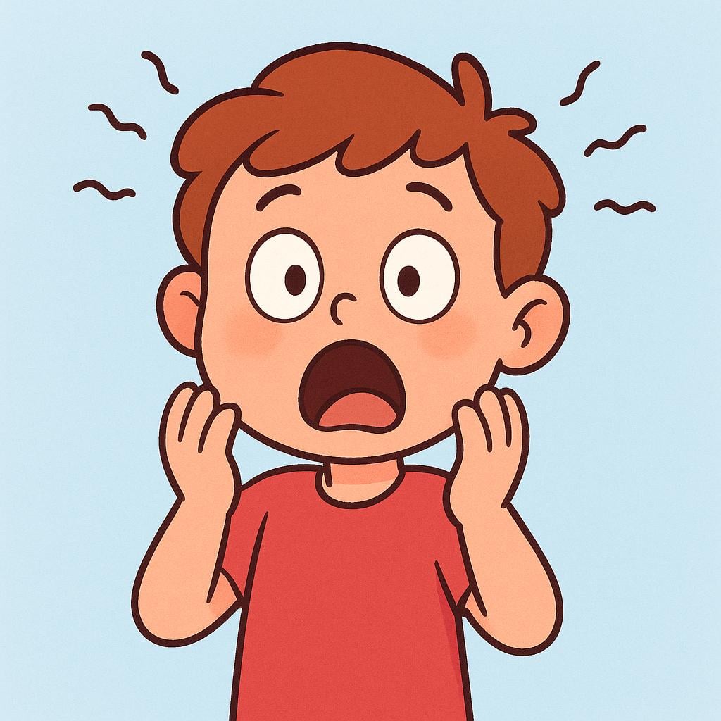 A simple illustration of a person's face showing extreme surprise and shock, with wide eyes and a stunned expression, indicated by simple wavy lines around their head.