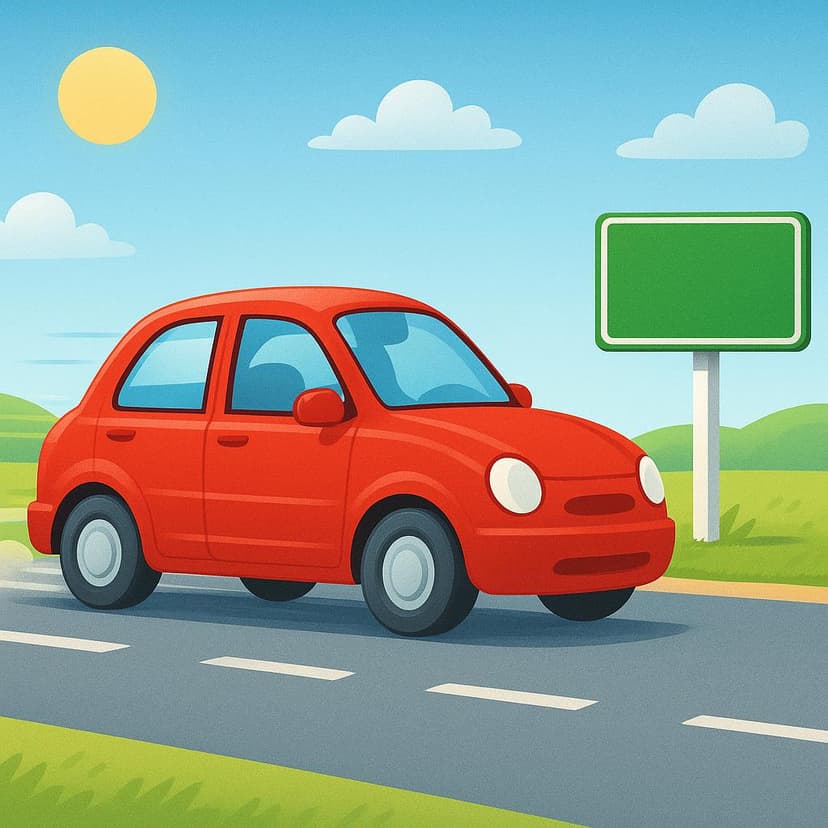 A bright red car is driving quickly past a static green signpost on a sunny road, illustrating ongoing movement.